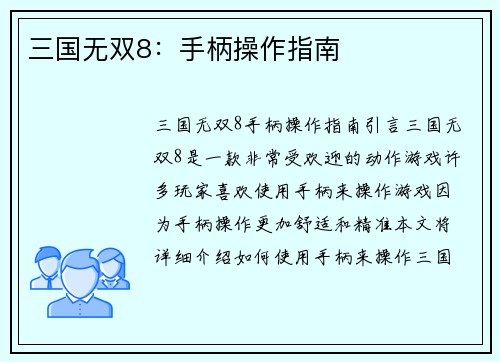 三国无双8：手柄操作指南